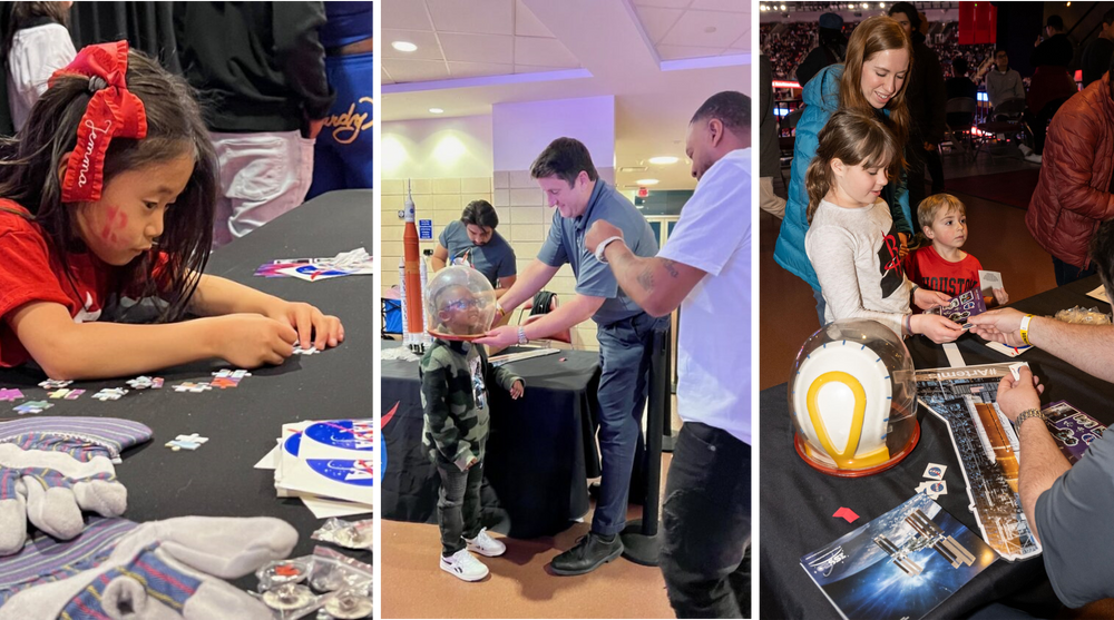 Children and their families visit an exhibit booth to learn about human space exploration.